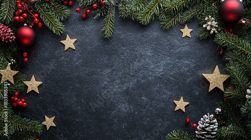 Christmas background collection: dark gray stone texture, black festive style, pine branches & stars edge decor, flat lay top view table, copy space for banner design & holiday promotions.