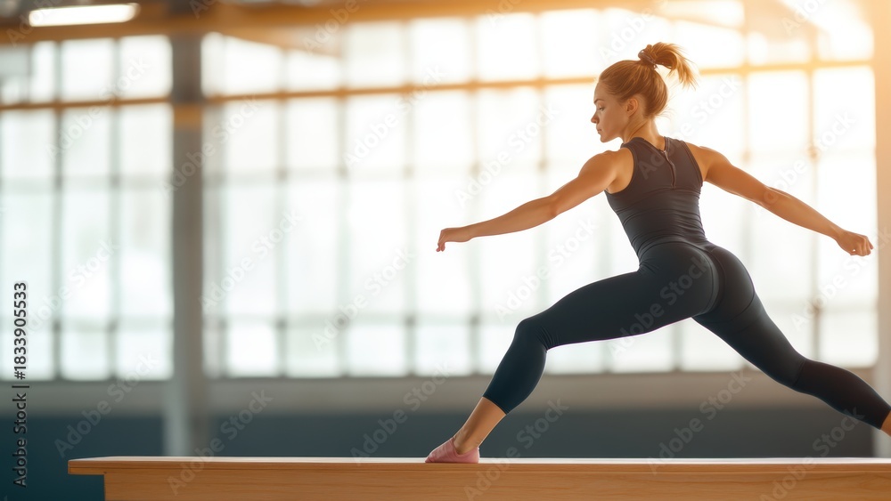 Fototapeta premium Fit woman practicing yoga balance pose on wooden beam in modern studio, health and wellness concept