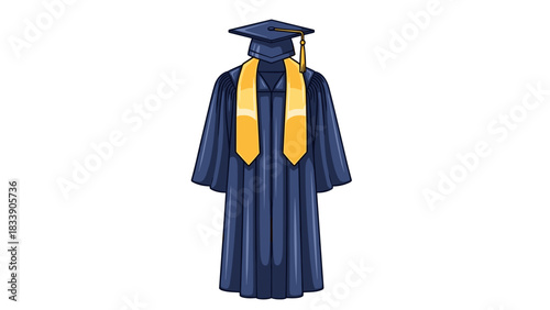 Graduation gown with cap and yellow tassel on white background