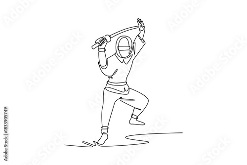 Continuous one line drawing man ninja in mask standing on stance, raising katana sword high for powerful overhead strike, illustrating focus action. Single line draw design vector graphic illustration