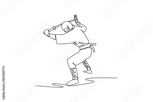 Continuous one line drawing man ninja in mask, crouched low, preparing a powerful overhead strike with a katana sword, illustrating dynamic action. Single line draw design vector graphic illustration