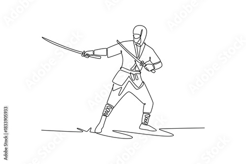 Single continuous line drawing man ninja poised in wide stance, wielding twin katanas in defensive guard, illustrating dynamic combat, focused action. One line draw graphic design vector illustration