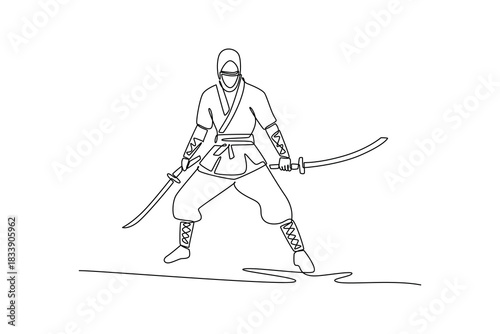 Single continuous line drawing man ninja poised in wide combat stance wielding twin swords in ready guard, illustrating dynamic combat, focused action. One line draw graphic design vector illustration