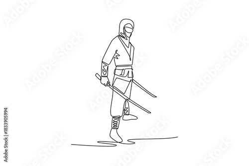 Single continuous line drawing man ninja standing straight on his leg, wielding twin katanas, illustrating dynamic combat and focused action. Dynamic one line draw graphic design vector illustration