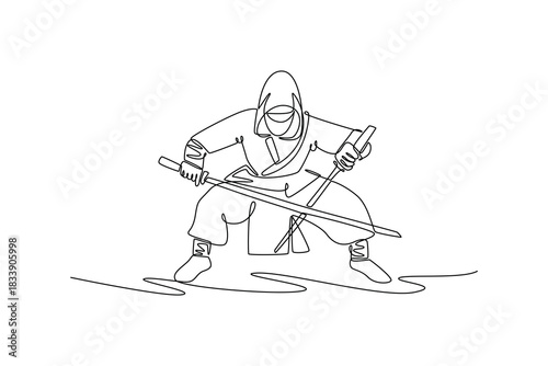 Single continuous line drawing man ninja poised in a deep horse stance, wielding twin katanas, illustrating dynamic combat and focused action. Dynamic one line draw graphic design vector illustration