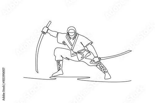 Single continuous line drawing man ninja poised low in wide stance wielding twin sharp katanas, illustrating dynamic combat and focused action. Dynamic one line draw graphic design vector illustration
