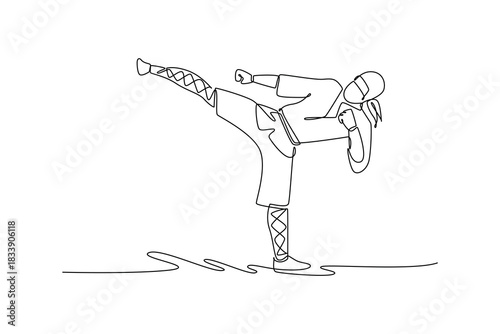 Single one line drawing active man ninja balancing on one leg executing powerful side kick, illustrating dynamic action and martial arts. Modern continuous line draw design graphic vector illustration