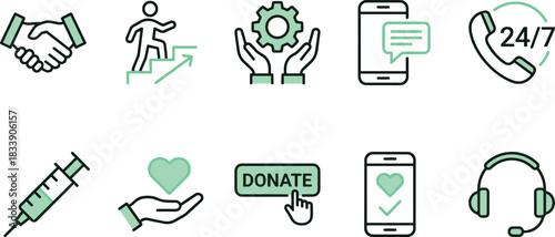Community support and charity service icons illustrating donations, healthcare help, communication assistance, customer service, and positive social impact in clean modern style