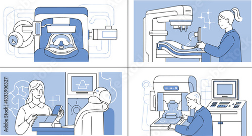 Set of medical professionals and patients utilizing various diagnostic imaging equipment like mammography, MRI, and CT scan machines for health and disease detection vector illustration.