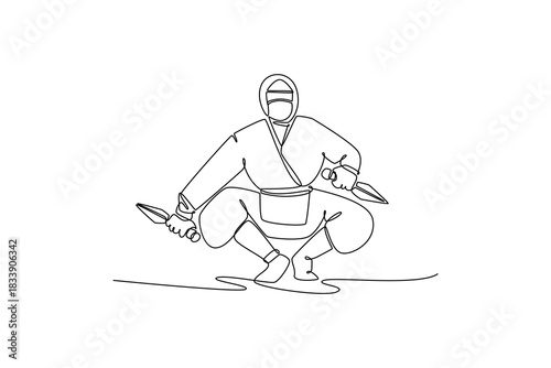 Single one line drawing man ninja poised in a deep squatting stance, holding twin daggers ready to attack, illustrating stealth, focused action. Continuous line draw design graphic vector illustration
