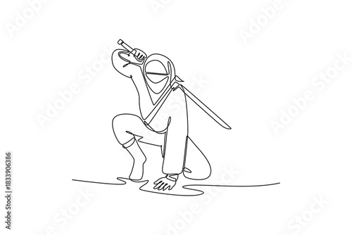Single one line drawing man ninja poised in deep crouching stance holding katana sword ready to strike, illustrating stealth and focused action. Continuous line draw design graphic vector illustration