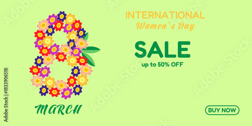 International Women's Day sale banner, March 8 sale banner, vector, background, flowers decoration, green colors, sale text, and illustrations. Can be used for web banners, wallpaper, flyers, 