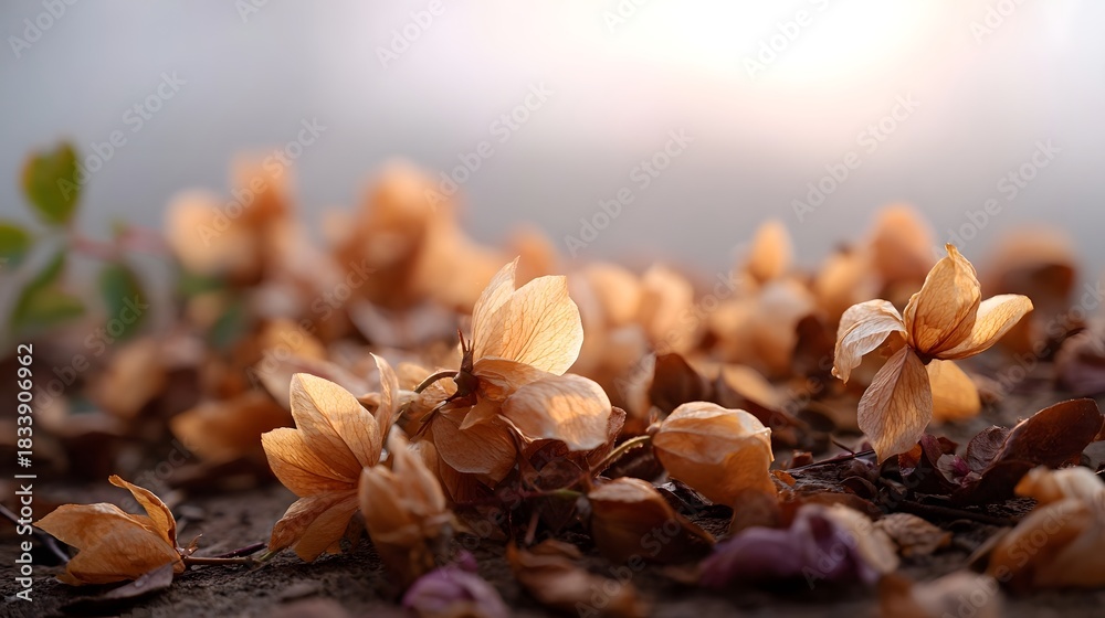 Fototapeta premium Close up of dried hop cones scattered on the ground bathed in soft warm autumn sunlight
