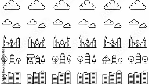 Seamless cityscape pattern featuring hand drawn buildings, clouds, trees and modern architecture