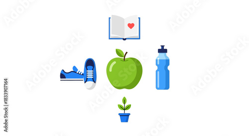 Embrace wellness with this vector flat lay featuring fresh apple, sneakers, water bottle, plant, and book for healthy lifestyle promotion and inspirational designs