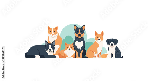 Adorable group of dogs sitting together, showcasing friendship and camaraderie, perfect for pet-related products or services, vector illustration
