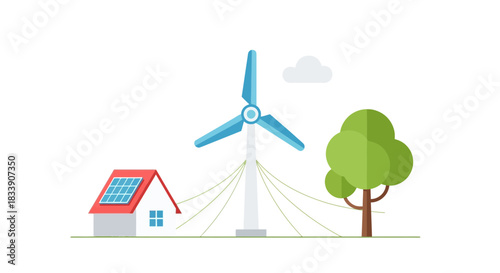 Sustainable living with clean energy: a house with solar panels and a wind turbine promotes eco-friendly practices for a greener future