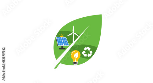 Eco-Friendly Solutions: Green Leaf Symbolizing Renewable Energy Sources Like Solar Panels, Wind Power, and Recycling for a Sustainable Future, Originally Vector Art