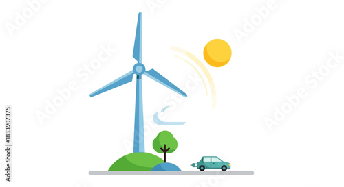 Sustainable future graphic featuring a wind turbine, tree, car and sun, symbolizing clean energy and eco friendly transportation for modern green living