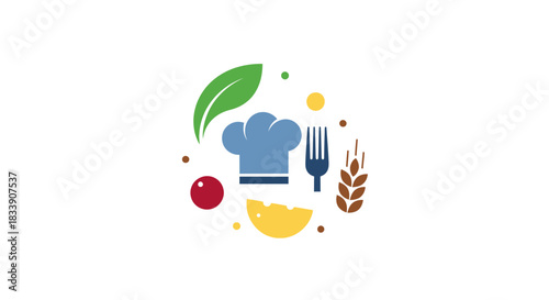 Culinary excellence concept with chef hat, fresh produce and grain, suggesting farm to table cuisine and healthy eating, originally a scalable vector graphic