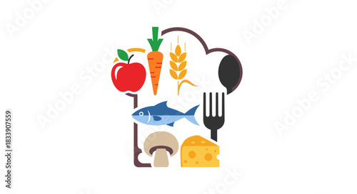 Chef's Hat Made of Vibrant Food Icons, A Fresh Concept for Culinary Arts and Healthy Eating, Restaurant Menus, Food Blogs, and Nutrition Guides
