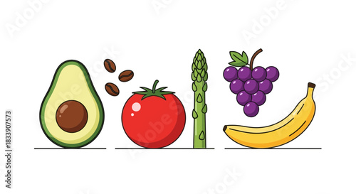 Fresh avocado, coffee beans, tomato, asparagus, grapes, and banana offering a vibrant and healthy lifestyle and a balanced diet with essential nutrients