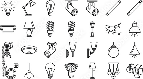 Lighting and illumination icons featuring lamps, bulbs, spotlights, fixtures, street lights, decorative lighting, and electrical accessories in clean modern line style.