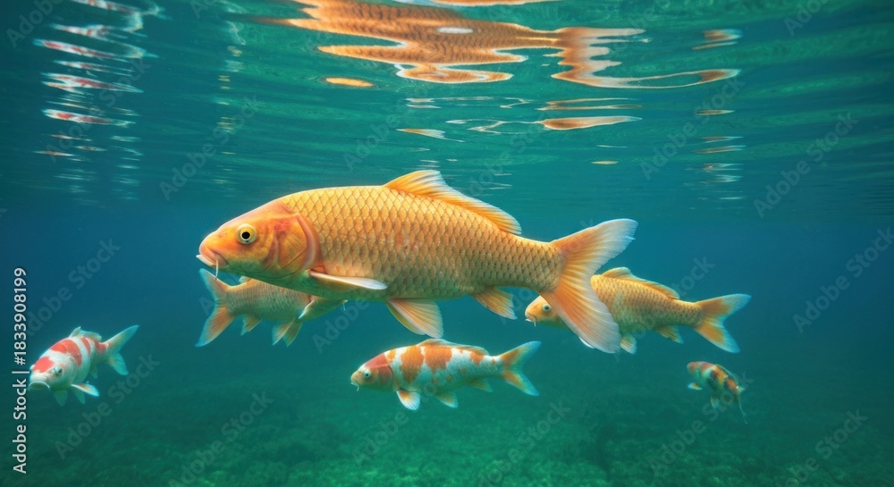 Naklejka premium Underwater view of several colorful koi fish swimming together