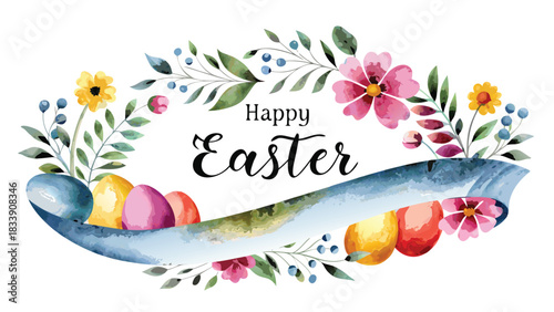 Beautiful watercolor floral wreath with colorful easter eggs and a flowing ribbon perfect for spring holiday greetings and designs