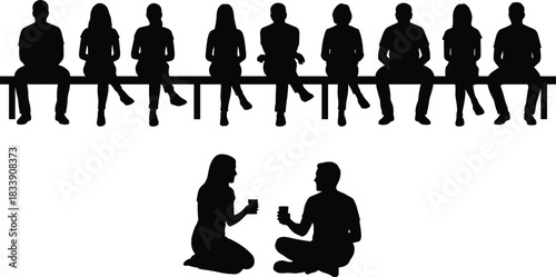 Casual Men and Women Vector Silhouettes Set, People in Diverse Standing, Sitting, Resting, and Crouching Poses, Full Body Figures for Lifestyle and Leisure Activities Isolated on White