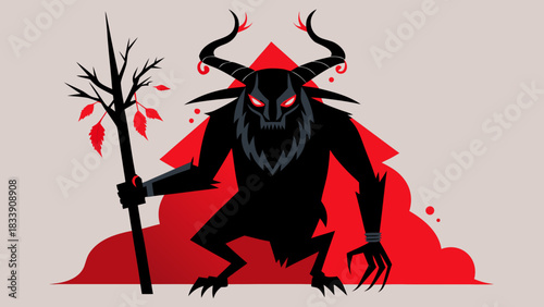 Krampus crouching with a stick in front of red mountain shape, traditional Christmas demon from Alpine folklore in flat style