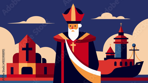 Sinterklaas standing in front of a church and ship, traditional Dutch Christmas figure in bishop outfit, flat vector style