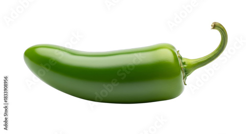 A single vibrant jalapeño pepper displayed in a horizontal position on transparent background