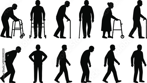 Senior Elderly People Vector Silhouettes Set, Old Men and Women Walking with Canes and Walkers, Disabled and Infirm Health Care Isolated on White Background for Medical Design