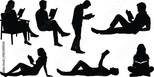 Silhouettes of diverse people reading books man, woman, student, young adult in various poses, sitting, lying down, and standing, enjoying literature and learning.