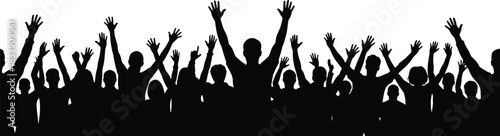 Silhouettes of Excited Diverse Crowd Cheering Together, Hands Raised in the Air During Concert, Celebration, Party, Festival, or Sporting Event Banner Vector Illustration