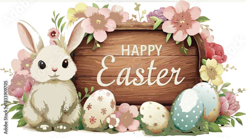 Charming watercolor illustration of a fluffy bunny sitting next to a wooden sign with happy easter text surrounded by colorful flowers and decorated eggs