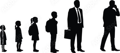 Silhouette evolution illustrating growth from childhood to adulthood with standing figures representing life stages progression and human development concept for education