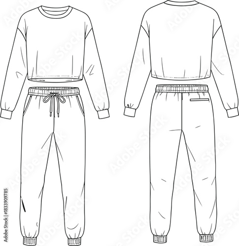Technical flat sketch of sweatshirt and jogger pants loungewear set with elastic waistband and drawstring details for garment design templates, cad drawing flat vector illustration