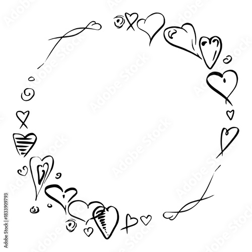 Irregular sketch hearts, doodle swirl spiral shapes, flowing lines arranged in soft round wreath. Hand drawn in ink, vector frame. Cute romantic layout, anniversary label border, wedding stationery.