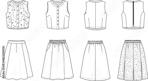 Fashion technical flat sketches of sleeveless tops and skirts, detailed garment design templates, apparel illustration layout, cad drawing flat vector illustration