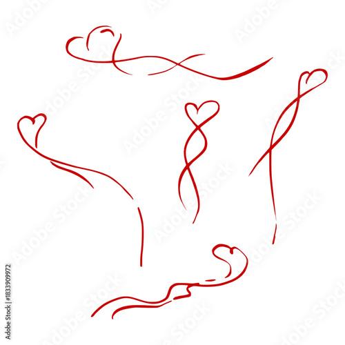 Cute sketch hearts with calligraphy type outline, playful expressive doodles. Vector hand drawn in ink, single elements set design. Love stationery, Valentine label, anniversary greeting composition.