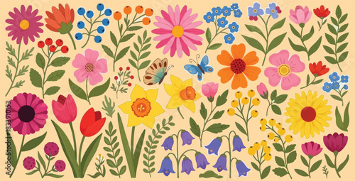 Vibrant collection of colorful spring and summer flowers, leaves, berries, and butterflies in a cheerful flat illustration style for seasonal design.
