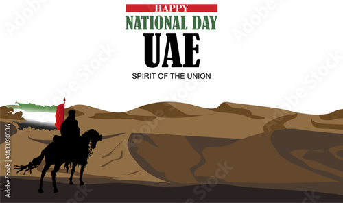 Happy UAE National Day. Vector illustration of a man riding a horse carrying a flag. Poster, banner, design template