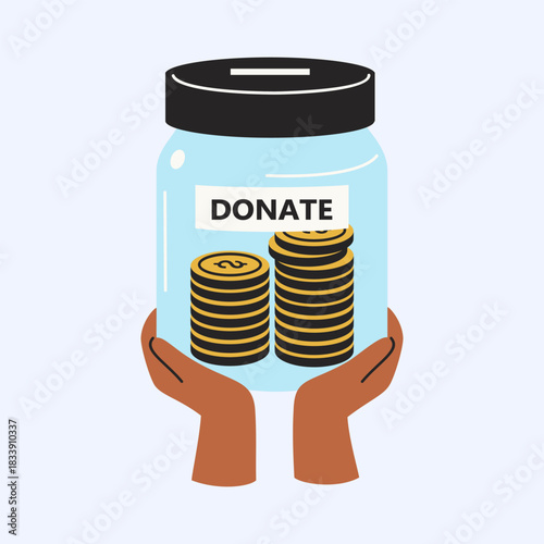 Hands Holding a Transparent Jar Filled with Gold Coins for Donation and Charity