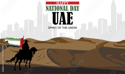 Happy UAE National Day. Vector illustration of a man riding a horse carrying a flag. Poster, banner, design template