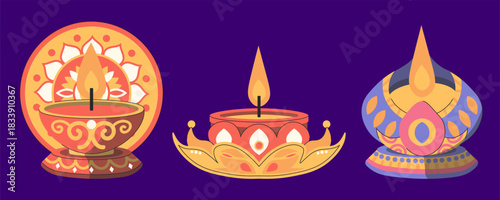 Illustration Of Three Intricately Designed Traditional Indian Lamps Glowing With Warm Light