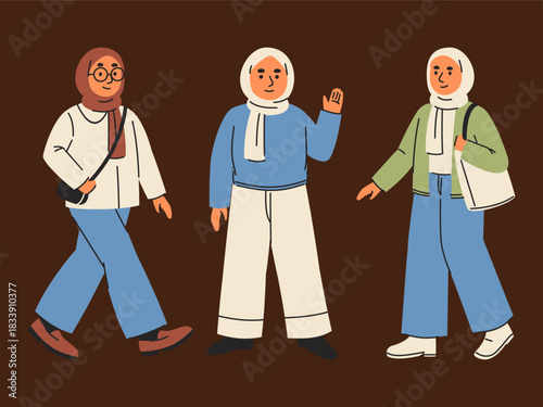 Diverse Group Of Young Muslim Women Dressed In Stylish Modest Attire Engaging In Daily Life