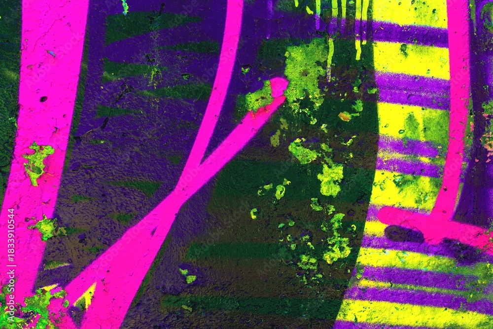 Obraz premium Neon graffiti art in pink, yellow, neon green. Y2K, 90s style, fluorescent, bold patterns, urban vibes. Street art, digital designs, creative backgrounds, modern urban visuals.