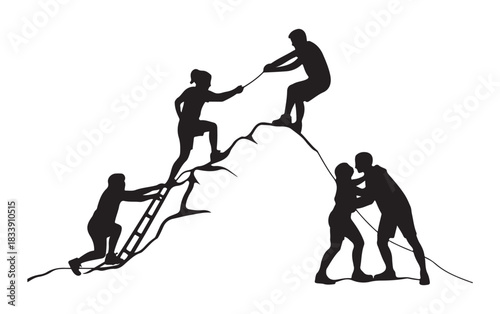 Teamwork Mountain Climbing Silhouette, Helping Hands, Support and Cooperation Illustration.